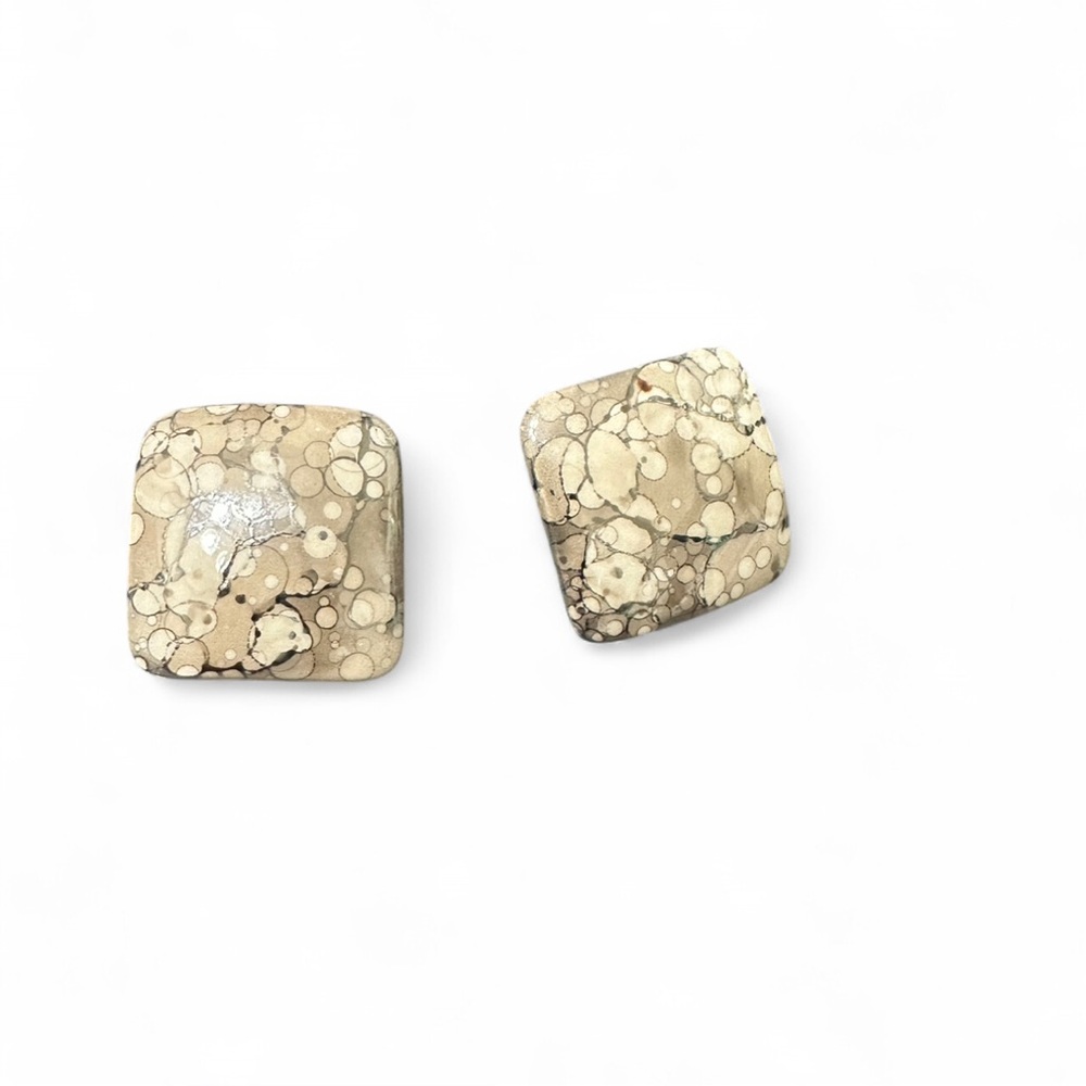 Vintage Ceramic Art Glass Square Statement Earrings Tan Crackle Boho Retro